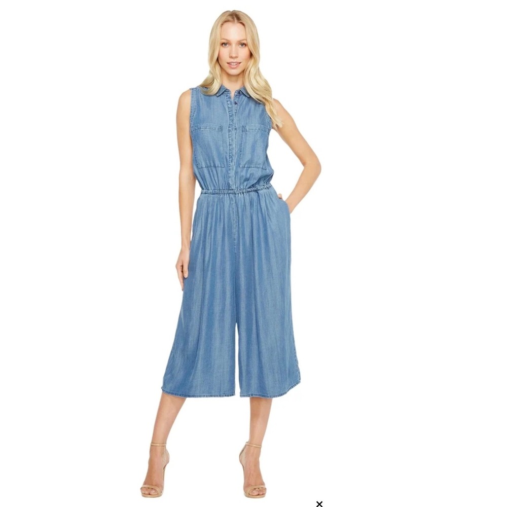 Spense Womens Sleeveless Chambray Wide Leg Cropped Jumpsuit Light Blue Size Lg.